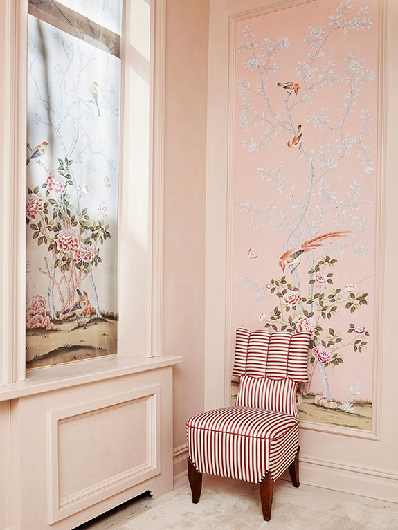 de Gournay, Earlham Chinoiserie, New York, hand painted silk wallpaper, Chinese-style decorations