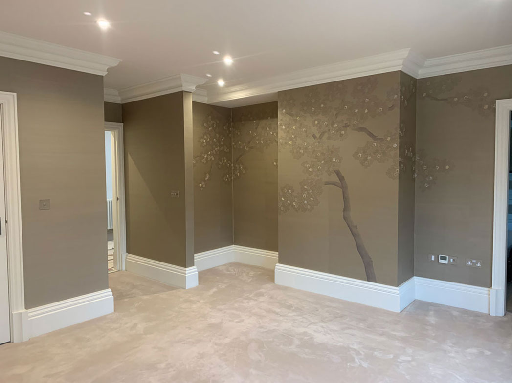 Fromental, Prunus & Nimbus, Harrogate, hand embroidered, cherry blossoms. modern chinois, had painted silk