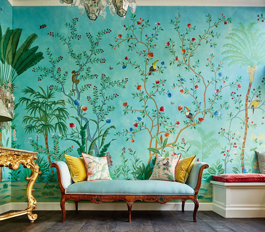 de Gournay Amazonia, San Francisco, Chinoiserie, Hand painted silk wallpaper, showroom