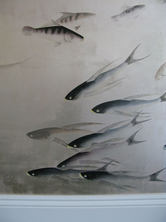 de Gournay Fishes and Gilded paper, London, hand painted, gilded, pearlescent wallpaper, Japanese and Korean collection