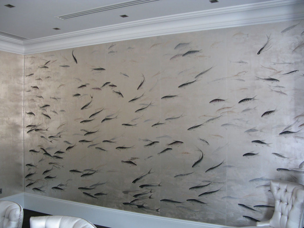 de Gournay Fishes and Gilded paper, London, hand painted, gilded, pearlescent wallpaper, Japanese and Korean collection