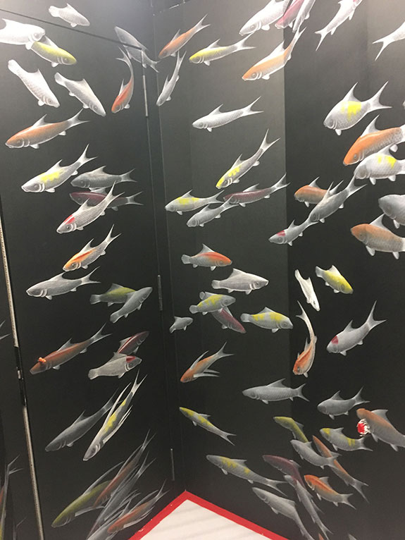 de Gournay Embroidered Silk Fishes, Yacht, Finland, hand painted, gilded, pearlescent wallpaper, Japanese and Korean collection, Koi