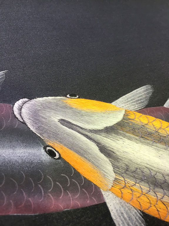 de Gournay Embroidered Silk Fishes, Yacht, Finland, hand painted, gilded, pearlescent wallpaper, Japanese and Korean collection, Koi