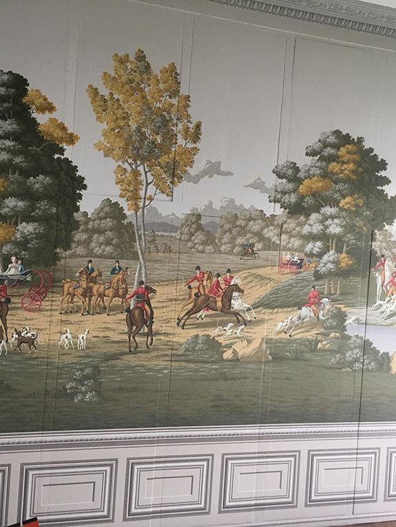 de Gournay, La Chasse de Compiegne, London, jib doors, hidden cupboards, hand painted wallpaper, scenic, 19th century mural, composition, scenic collection