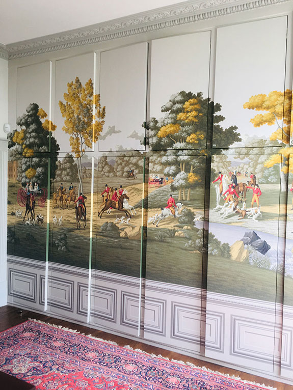 de Gournay La Chasse de Compiegne, London, jib doors, hidden cupboards, hand painted wallpaper, scenic, 19th century mural, composition, scenic collection