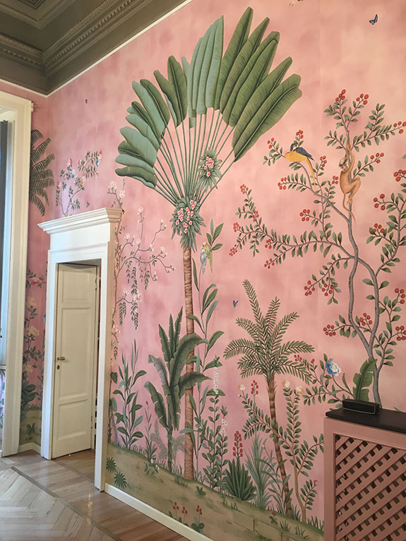 de Gournay Amazonia, Milan, Hand painted silk wallpaper, custom, chinoiserie, Aquazzura collaboration, exotic rainforest