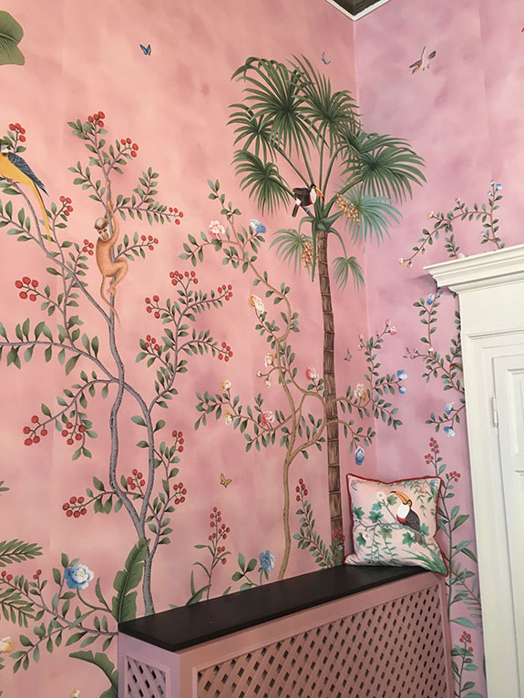 de Gournay Amazonia, Milan, Hand painted silk wallpaper, custom, chinoiserie, Aquazzura collaboration, exotic rainforest