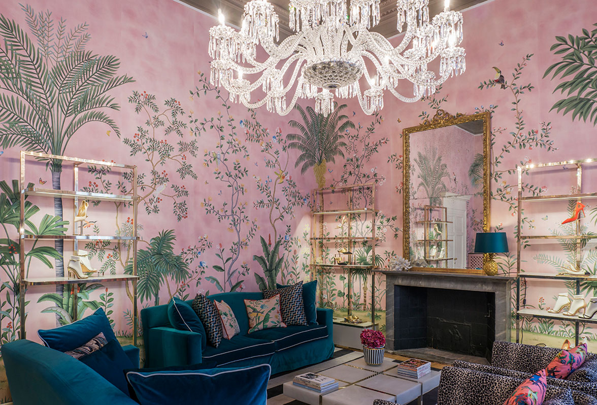 de Gournay Amazonia, Milan, Hand painted silk wallpaper, custom, chinoiserie, Aquazzura collaboration, exotic rainforest