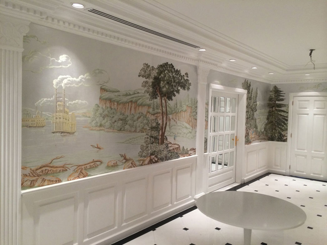 de Gournay North American River Views, Riyadh, gilded, hand painted wallpaper, scenic collection paper, panoramic