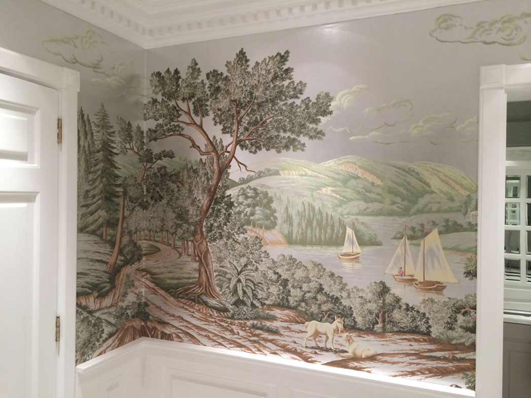 de Gournay North American River Views, Riyadh, gilded, hand painted wallpaper, scenic collection paper, panoramic