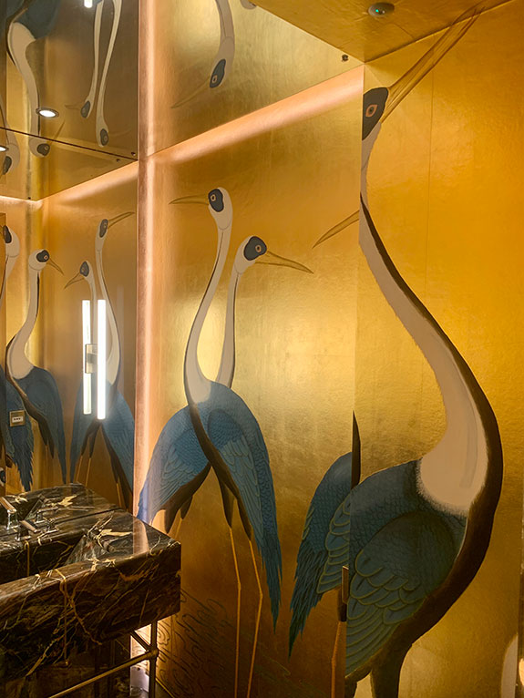 de Gournay Sarus Cranes. London, gilded, hand painted wallpaper, Isabel’s Mayfair