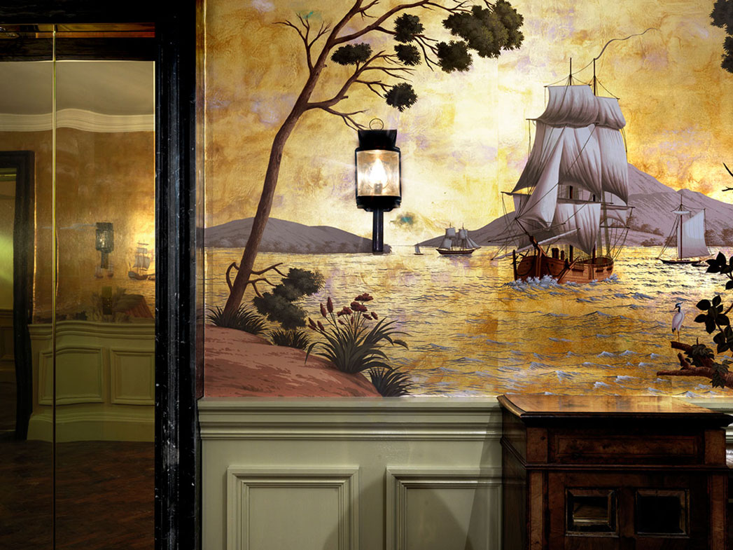 de Gournay Captain Cook’s Voyages’, The Ned, London, Amarelo design colours, deep rich gold gilded paper, bronze pearlescent, antiquing, hand painted tailored, Soho House Group