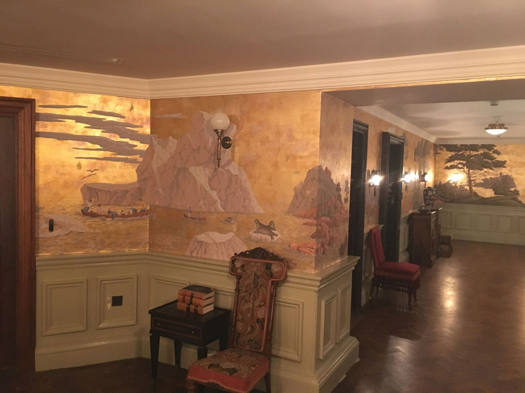 de Gournay Captain Cook’s Voyages’, The Ned, London, Amarelo design colours, deep rich gold gilded paper, bronze pearlescent, antiquing, hand painted tailored, Soho House Group