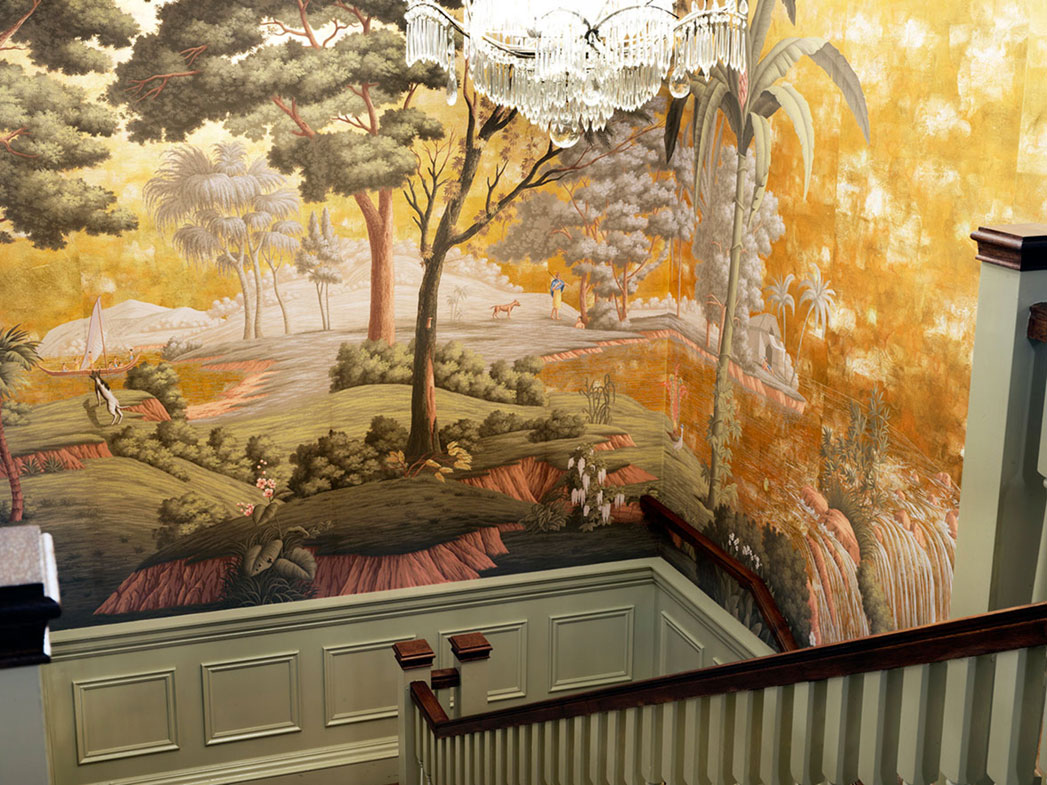 de Gournay Captain Cook’s Voyages’, The Ned, London, Amarelo design colours, deep rich gold gilded paper, bronze pearlescent, antiquing, hand painted tailored, Soho House Group