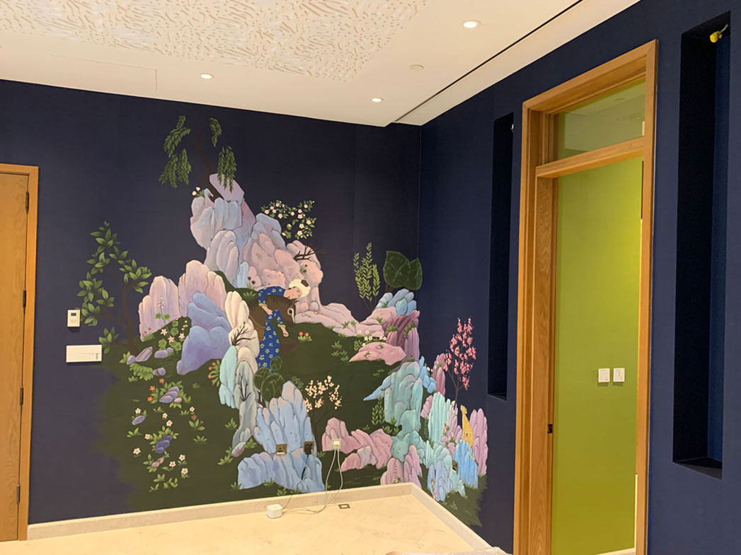 de Gournay Abbasi in the Sky, Doha, India Mahadvi, panoramic wallcovering, Persian paintings, composition, hand made paper