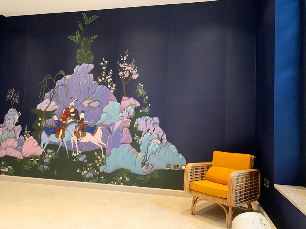 de Gournay Abbasi in the Sky, Doha, India Mahadvi, panoramic wallcovering, Persian paintings, composition, hand made paper