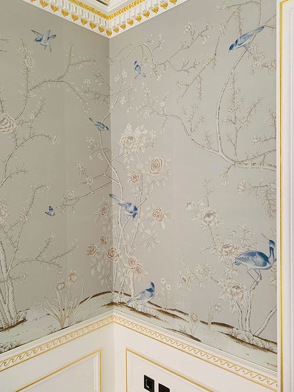 de Gournay Earlham, Royal Suite, Claridges, London, chinoiserie, hand painted wall covering, dining room