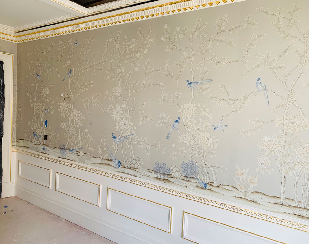 de Gournay Earlham, Royal Suite, Claridges, London, chinoiserie, hand painted wall covering, dining room