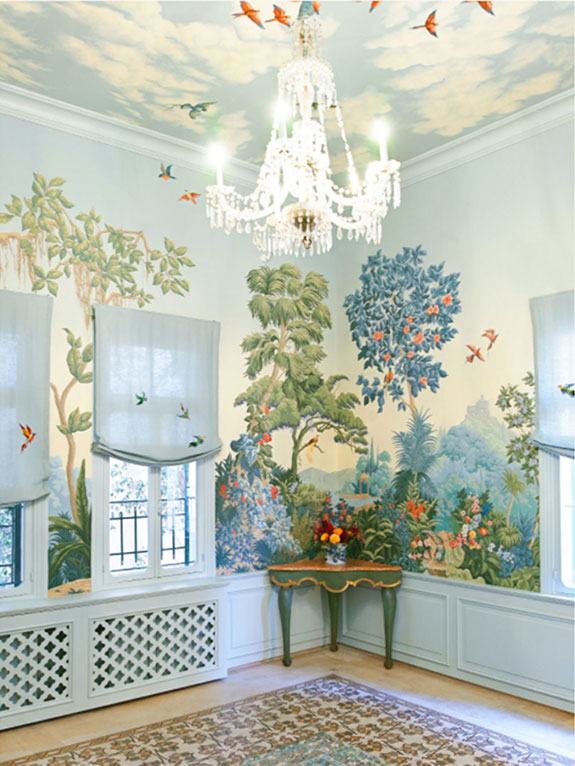 De Gournay Paradise Lost, Beruit, Celeste colourway on scenic wallpaper, papier peints panorama