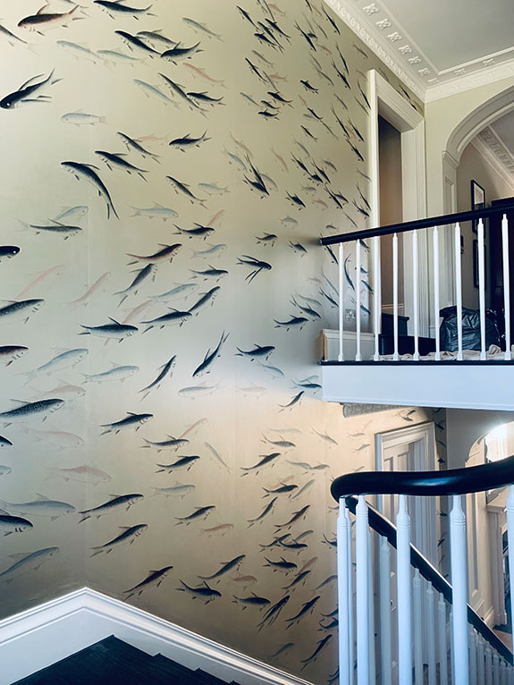 de Gournay, Fishes, Jersey, hand painted, gilded, pearlescent wallpaper, Japanese and Korean collection